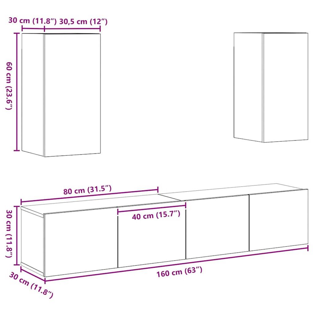 vidaXL Σετ επίπλου τηλεόρασης 4 pcs Παλαιό ξύλο 160 x 30 x 30 εκ.