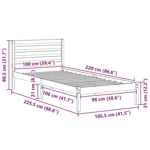 vidaXL Σκελετός Κρεβατιού Λευκό 100 x 220 cm Μασίφ ξύλο πεύκου