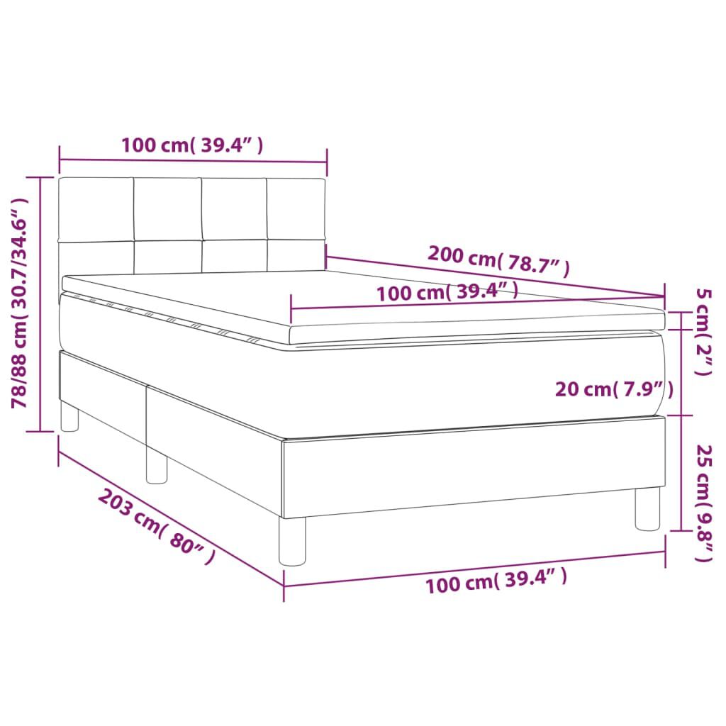 vidaXL Κρεβάτι Boxspring με Στρώμα & LED Σκ. Μπλε 100x200εκ. Βελούδινο
