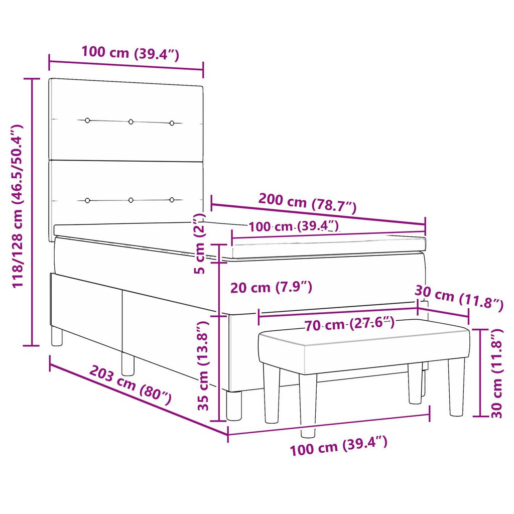vidaXL Κρεβάτι Box Spring με Στρώμα & Παγκάκι Μαύρο 100x200 εκ. Ύφασμα