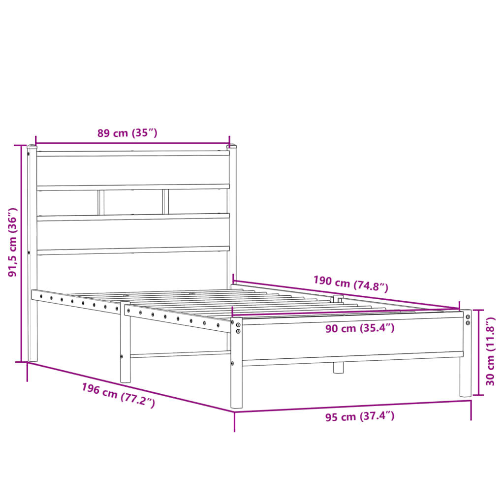 vidaXL Πλαίσιο Κρεβ. Χωρ. Στρώμα Sonoma Δρυς 90 x 190 εκ. Επεξ. Ξύλο