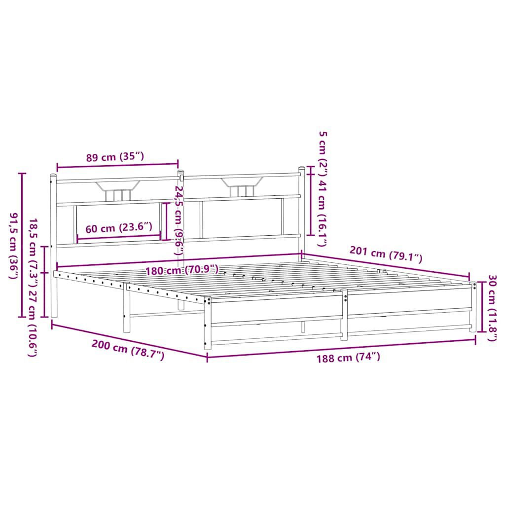 vidaXL Σκελετός Κρεβ. Χωρίς Στρώμα Καφέ Δρυς 180x200 εκ. Μεταλλικό