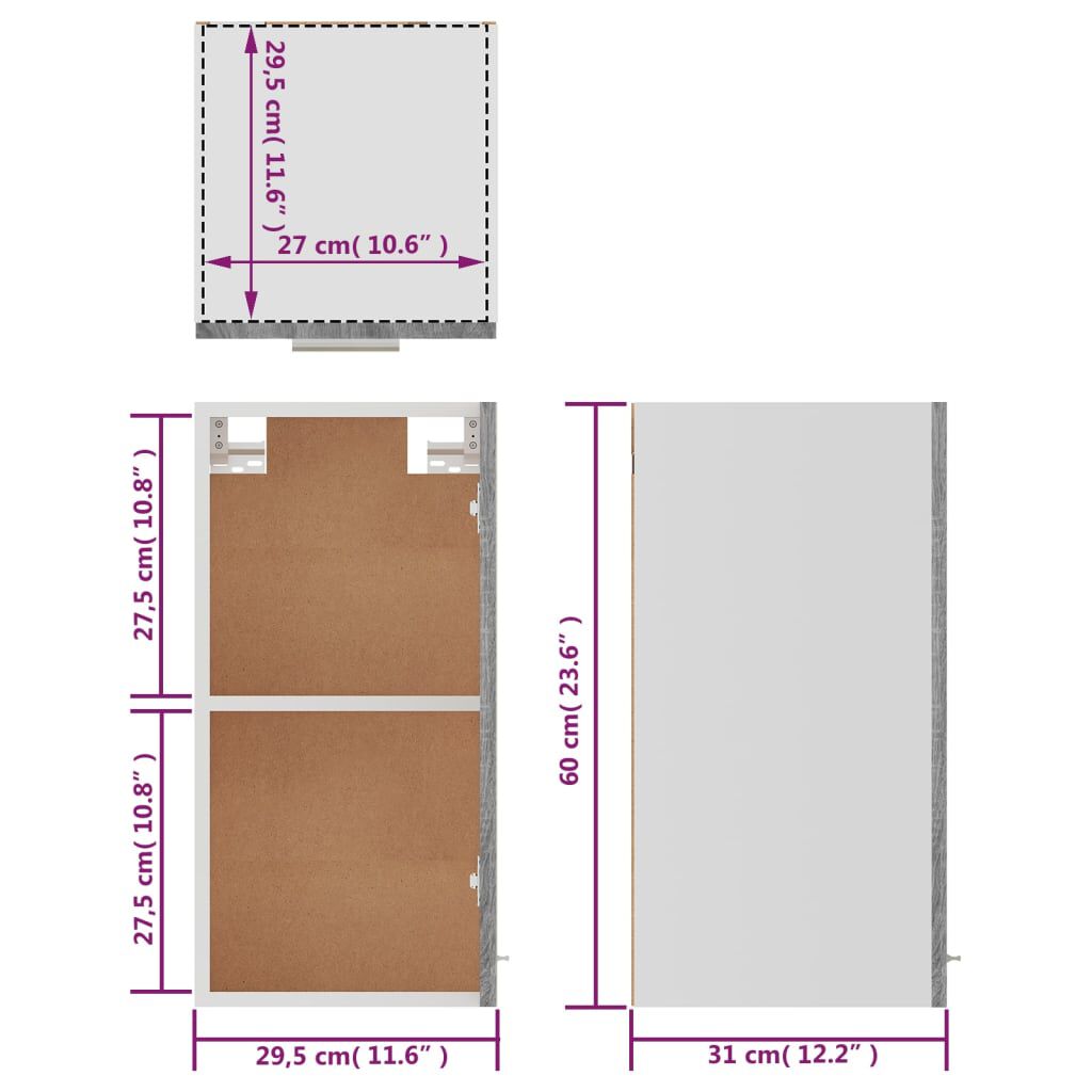 vidaXL Ντουλάπι Κρεμαστό Lyon Γκρι Sonoma 29,5x31x60εκ.