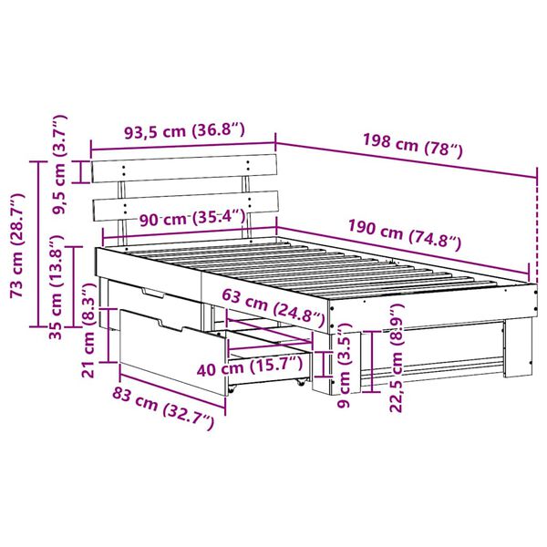 vidaXL Σκελετός Κρεβατιού Λευκό 90 x 190 cm Μασίφ ξύλο πεύκου