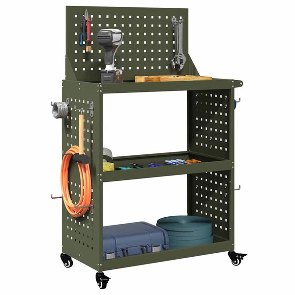 vidaXL Καρότσι εργαλείων με ράφι Λαδί 65 x 35 x 111 εκ Κρύα χάλυβας
