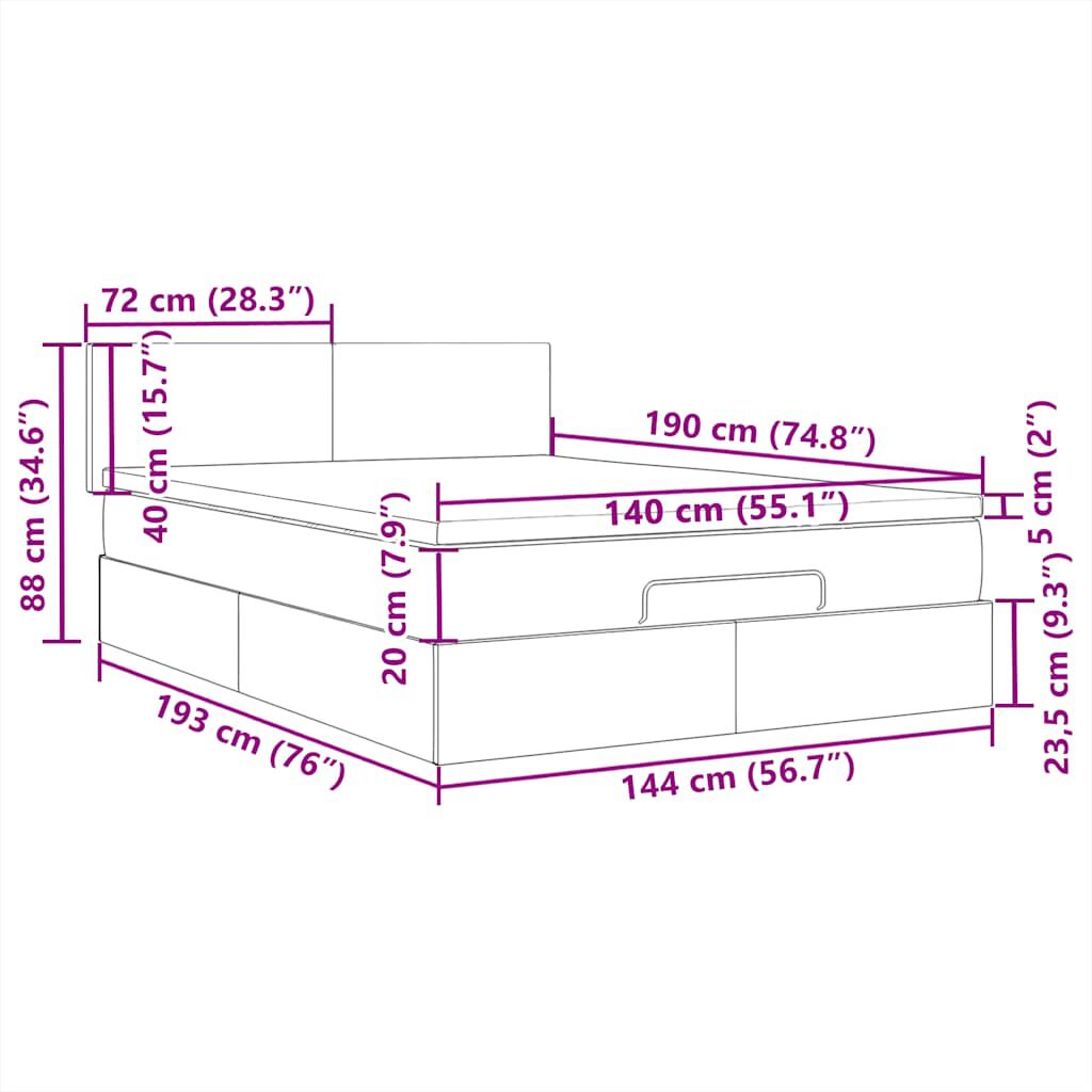 vidaXL Οθωμανικό κρεβάτι με στρώμα & LEDs Μαύρο 140x190 cm Ύφασμα