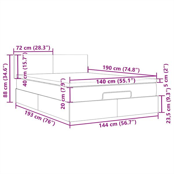vidaXL Οθωμανικό κρεβάτι με στρώμα & LEDs Μαύρο 140x190 cm Ύφασμα