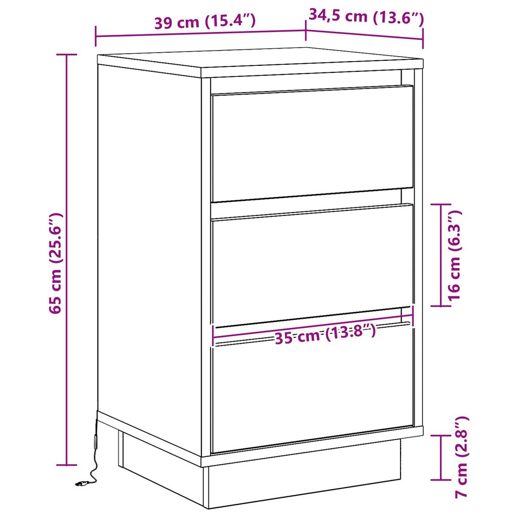 vidaXL κομοδίνο με LED Λευκό 39x34.5x65 εκ Επεξεργασμένο Ξύλο