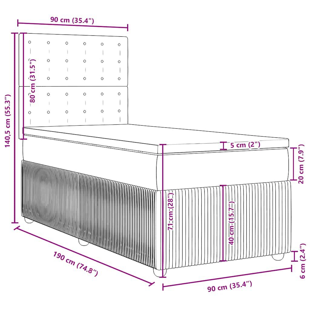 vidaXL Κρεβάτι Boxspring με Στρώμα Ανοιχτό Γκρι 90x190 εκ. Υφασμάτινο