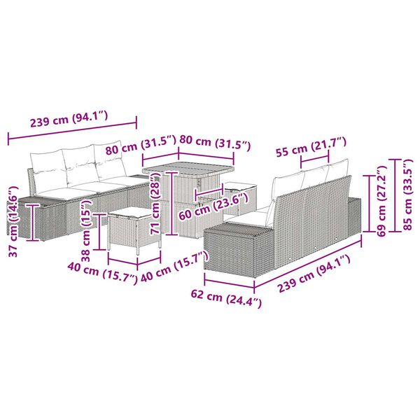 vidaXL Σετ 9 Τεμαχίων Σαλονιού Κήπου με Μαξιλάρια Μαύρο Πολυ Ρατάν Ακακία