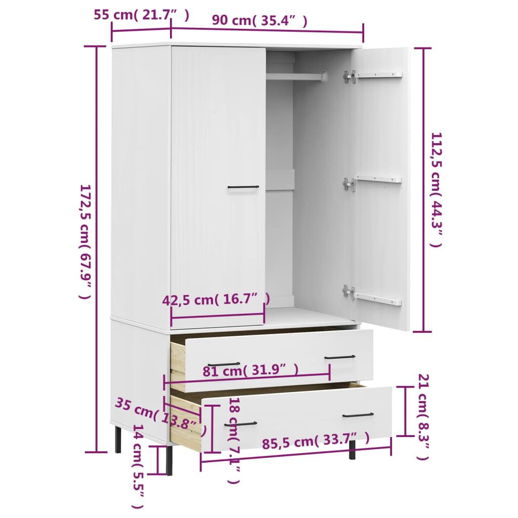 vidaXL Ντουλάπα OSLO Λευκή 90x55x172,5 εκ. Μασίφ Ξύλο με Μετ. Πόδια