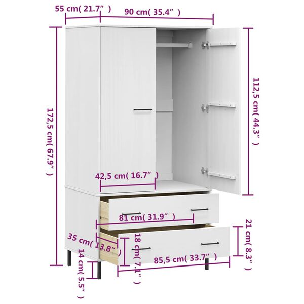 vidaXL Ντουλάπα OSLO Λευκή 90x55x172,5 εκ. Μασίφ Ξύλο με Μετ. Πόδια