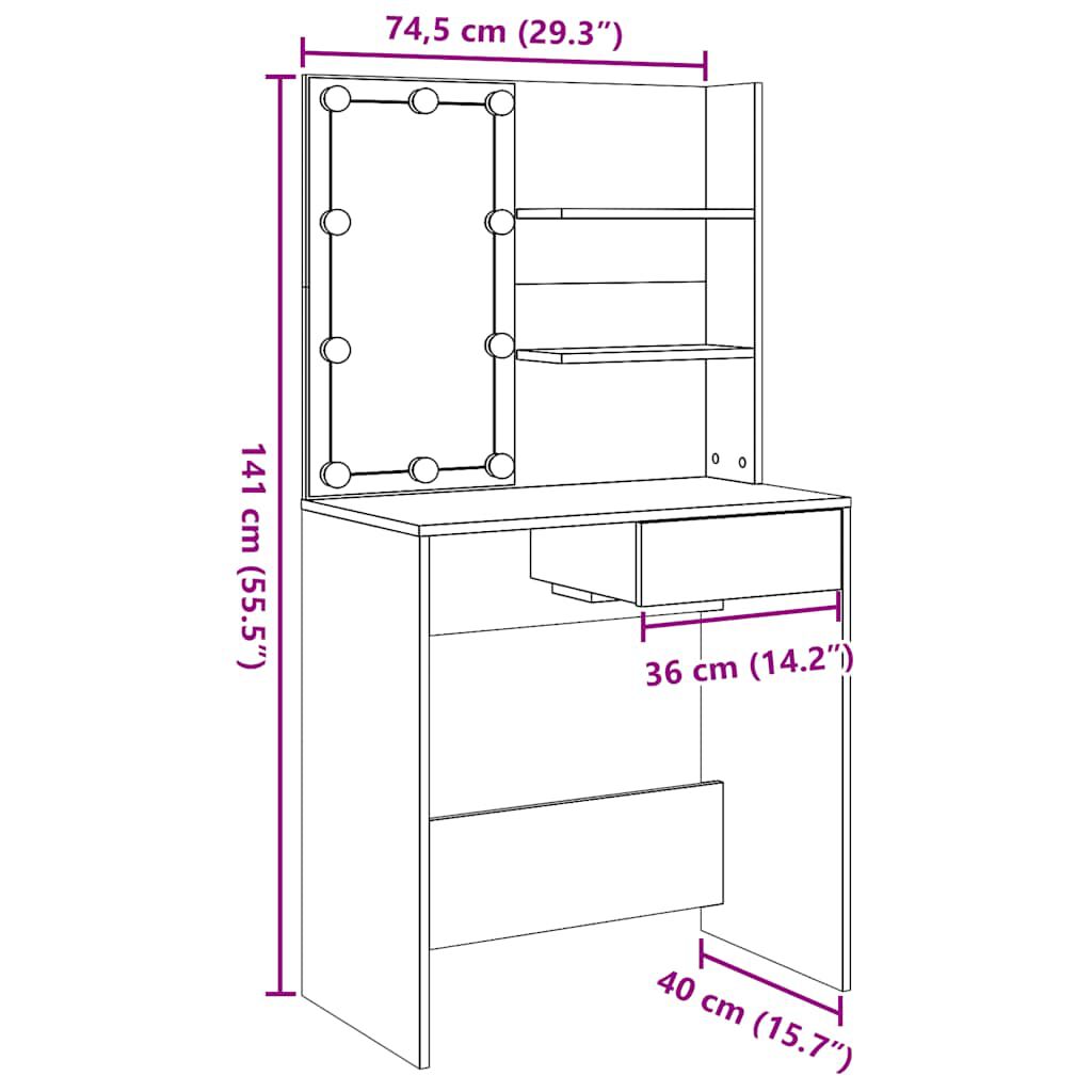 vidaXL Κομοδίνο με LED Παλιό ξύλο 74,5x40x141 cm