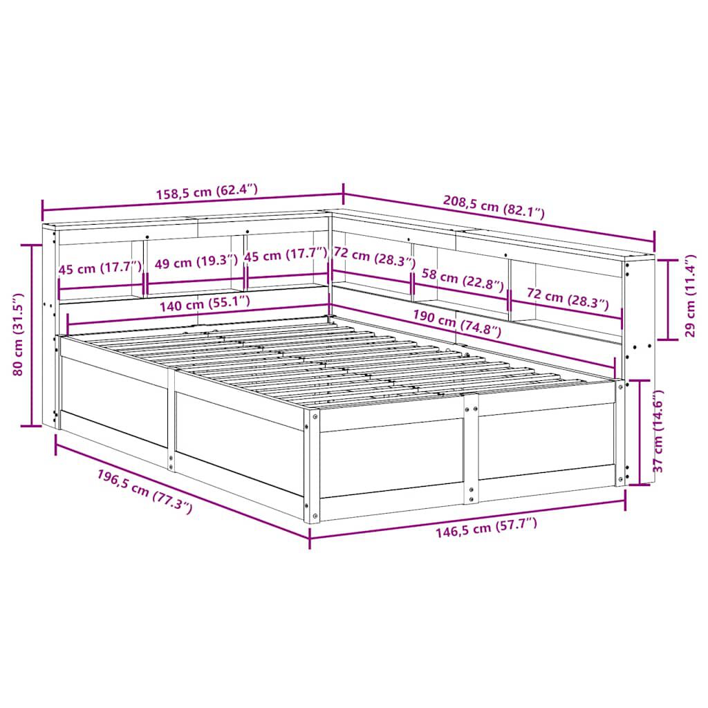 vidaXL Κρεβάτι Βιβλιοθήκη Χωρίς Στρώμα 140x190 εκ Μασίφ Ξύλο Πεύκου