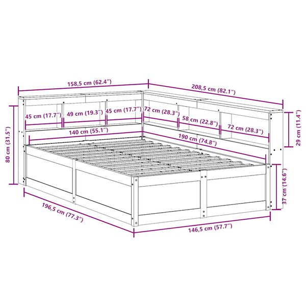 vidaXL Κρεβάτι Βιβλιοθήκη Χωρίς Στρώμα 140x190 εκ Μασίφ Ξύλο Πεύκου