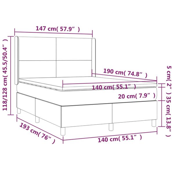 vidaXL Κρεβάτι Boxspring με Στρώμα Σκούρο Γκρι 140x190 εκ. Υφασμάτινο