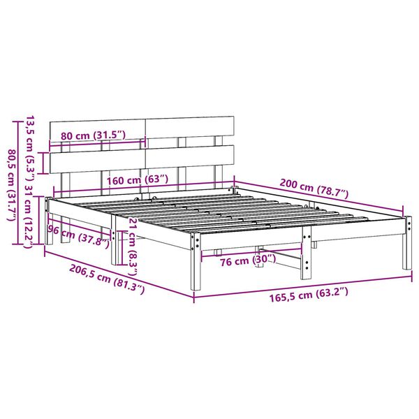 vidaXL Κρεβάτι με προσκέφαλο 160x200 εκ Στερεό ξύλο πεύκου