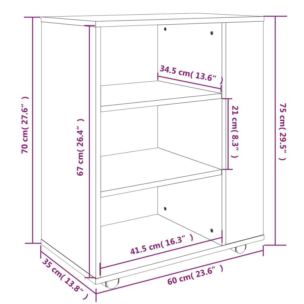 vidaXL Ντουλάπι Με Ροδάκια Γκρι Sonoma 60 x 35 x 75 εκ. Επεξεργ. Ξύλο