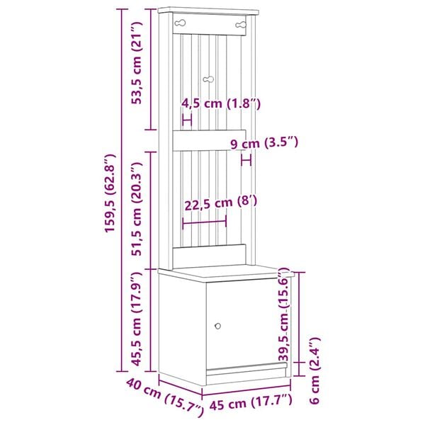 vidaXL Δέντρο χωλ SANDNES Λευκό 45x40x159,5 εκ. Πεύκο μασίφ ξύλο