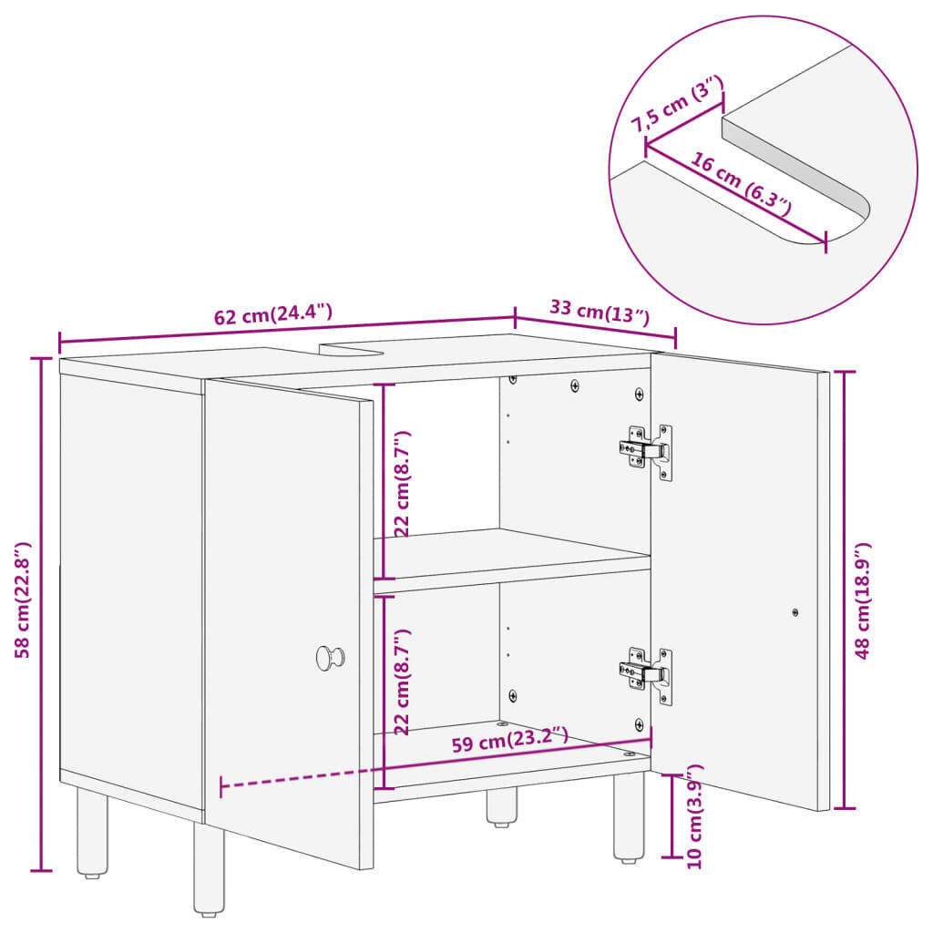 vidaXL Ντουλάπι Μπάνιου 62 x 33 x 58 εκ. από Μασίφ Ξύλο Μάνγκο