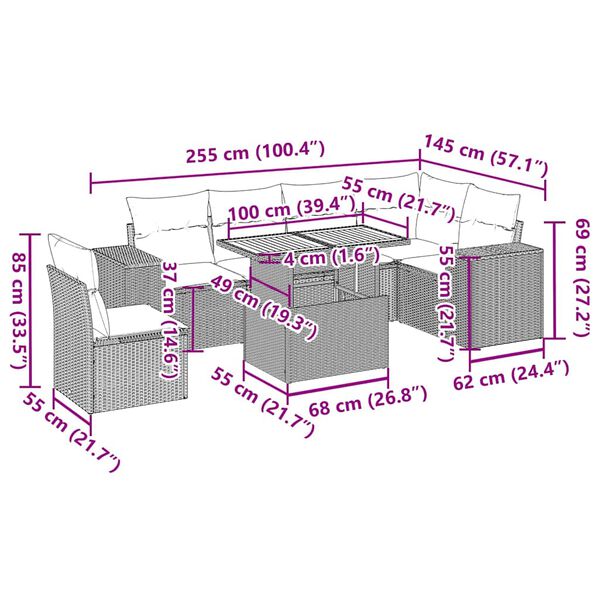 vidaXL Καναπές Σετ 7 Τεμαχίων Μαύρο Συνθετικό Ρατάν με Μαξιλάρια