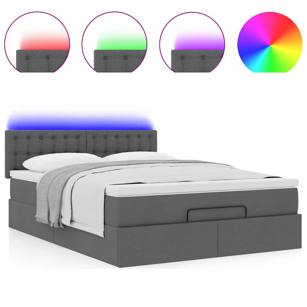 vidaXL Οθωμανικό κρεβάτι με στρώμα & LEDs Σκούρο γκρι 140x190cm Ύφασμα