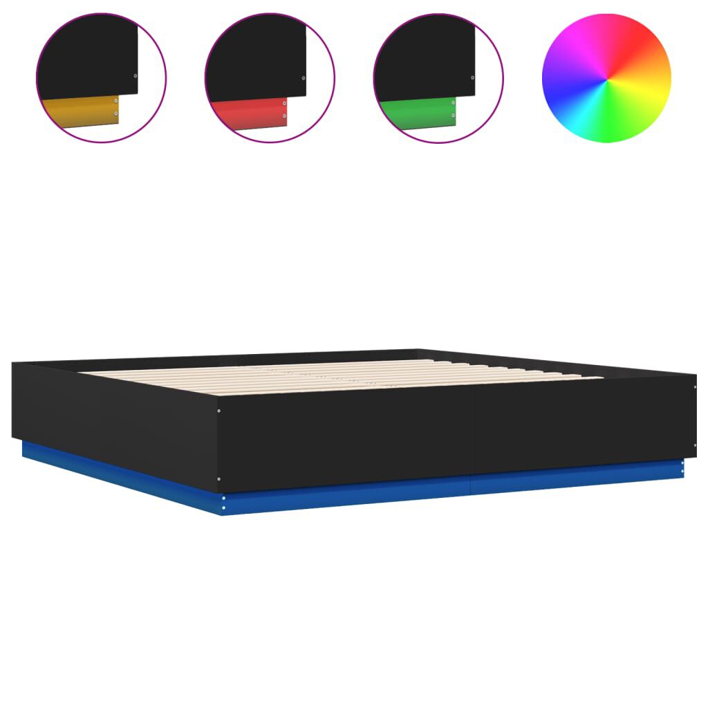 vidaXL Πλαίσιο Κρεβατιού με LED Μαύρο 180 x 200 εκ. Επεξ. Ξύλο