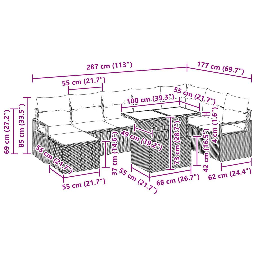 vidaXL Σετ Καναπέ Κήπου με αποθήκευση 9 pcs Ανοιχτό γκρι Πολυ ράταν