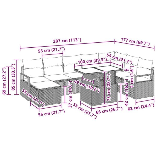 vidaXL Σετ Καναπέ Κήπου με αποθήκευση 9 pcs Ανοιχτό γκρι Πολυ ράταν