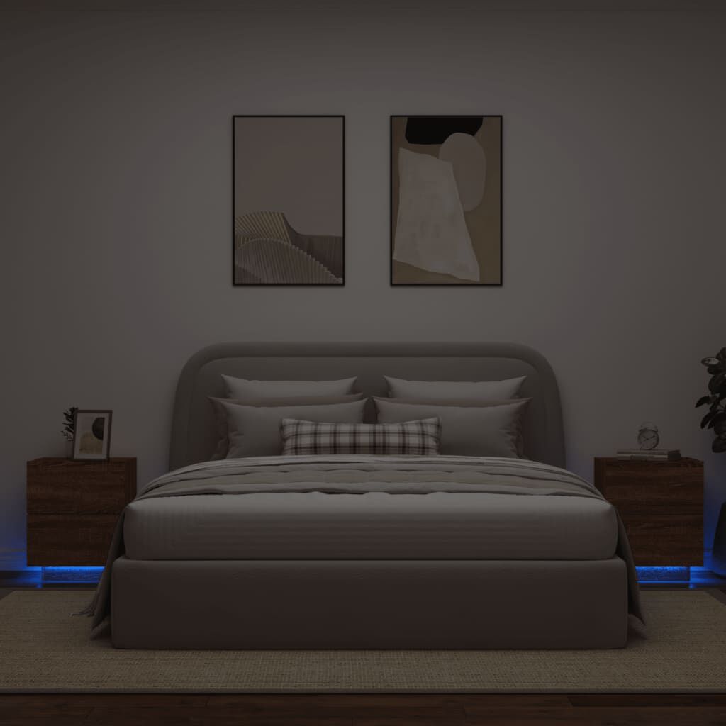 vidaXL Κομοδίνα με Φώτα LED 2 τεμ. Καφέ Δρυς από Επεξεργασμένο Ξύλο