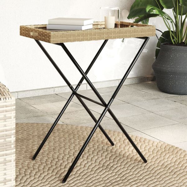 vidaXL Τραπέζι Δίσκος Πτυσσόμενο Μπεζ 65x40x75 εκ. Συνθετικό Ρατάν