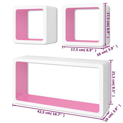 Ράφια Τοίχου Κύβοι για Βιβλία/DVD 3 τεμ. Λευκό-Ροζ από MDF