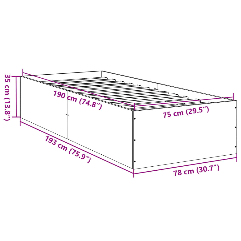 vidaXL Πλαίσιο Κρεβατιού Γκρι Sonoma 75x190 εκ. Επεξεργασμένο Ξύλο
