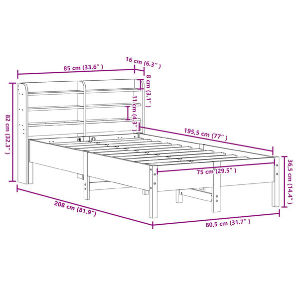 vidaXL Σκελετός Κρεβατιού Χωρίς Στρώμα 75x190 εκ Μασίφ Ξύλο Πεύκου