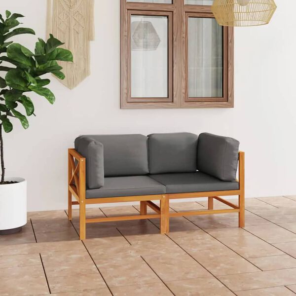 vidaXL Καναπές Κήπου Διθέσιος από Μασίφ Ξύλο Teak με Γκρι Μαξιλάρια