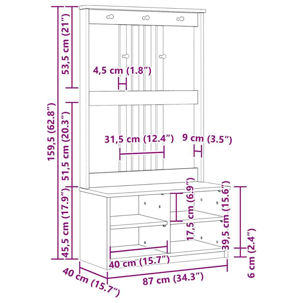 vidaXL Δέντρο χωλ "SANDNES" 87x40x159,5 εκ. Πεύκο μασίφ ξύλο