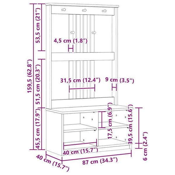 vidaXL Δέντρο χωλ "SANDNES" 87x40x159,5 εκ. Πεύκο μασίφ ξύλο
