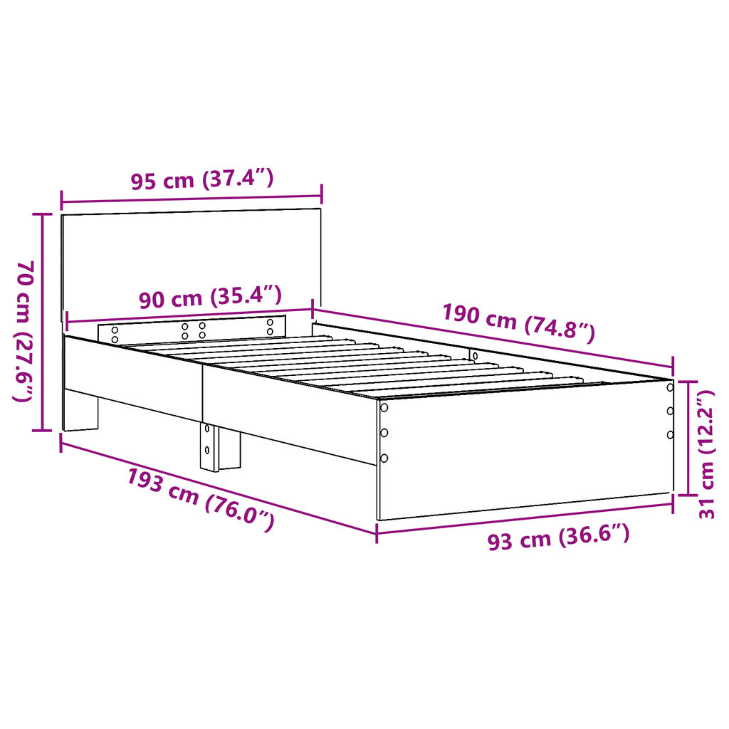 vidaXL Κρεβάτι από Τέχνη Δρυ 90x190 cm Επεξεργασμένο Ξύλο
