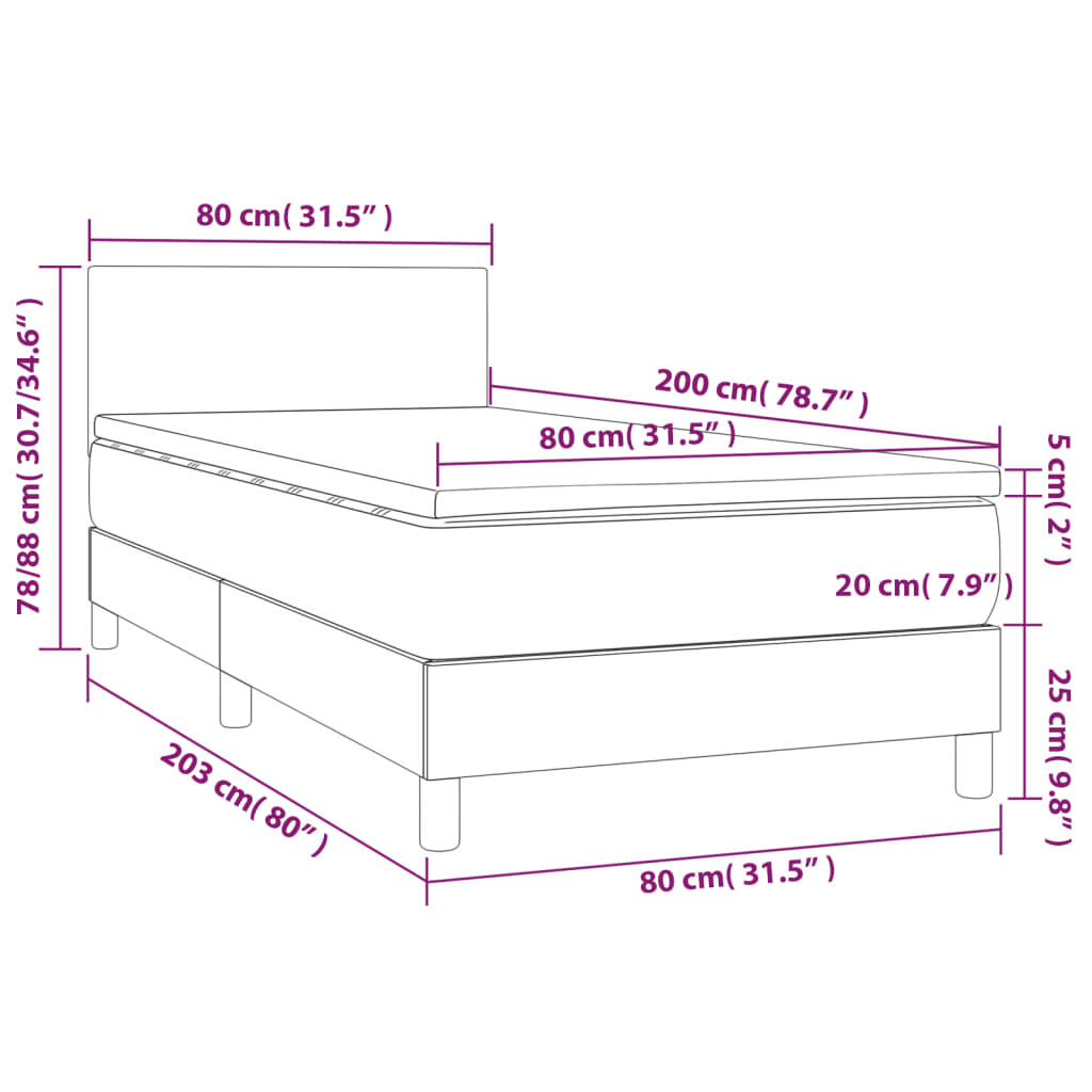 vidaXL Κρεβάτι Boxspring με Στρώμα & LED Μαύρο 80x200 εκ. Υφασμάτινο