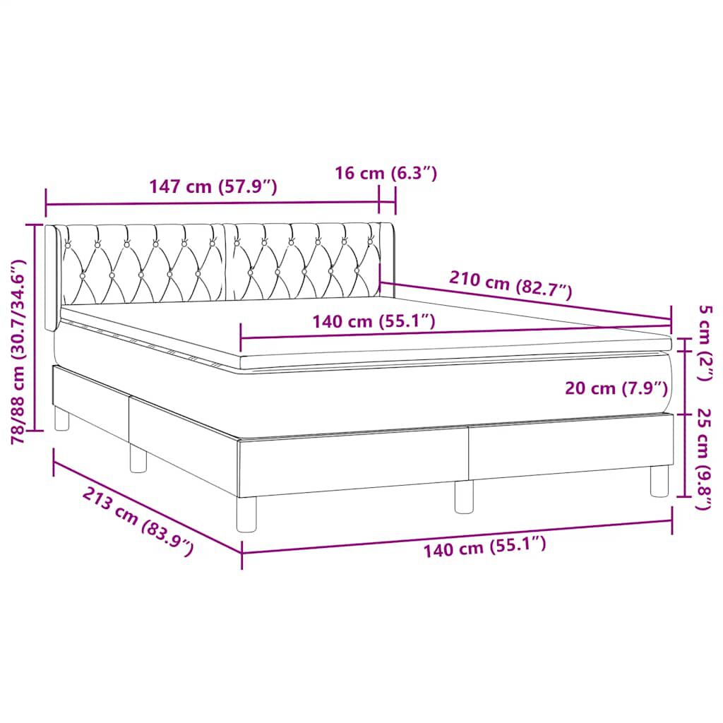 vidaXL Κρεβάτι Boxspring με Στρώμα Σκούρο Γκρι 140x210 εκ. Βελούδινο