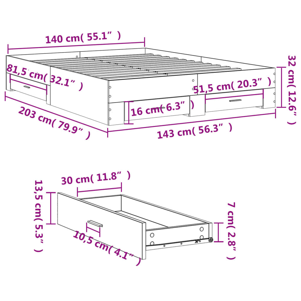 vidaXL Πλαίσιο Κρεβατιού με συρτάρια Γκρι sonoma 140x200εκ. Επεξ. Ξύλο