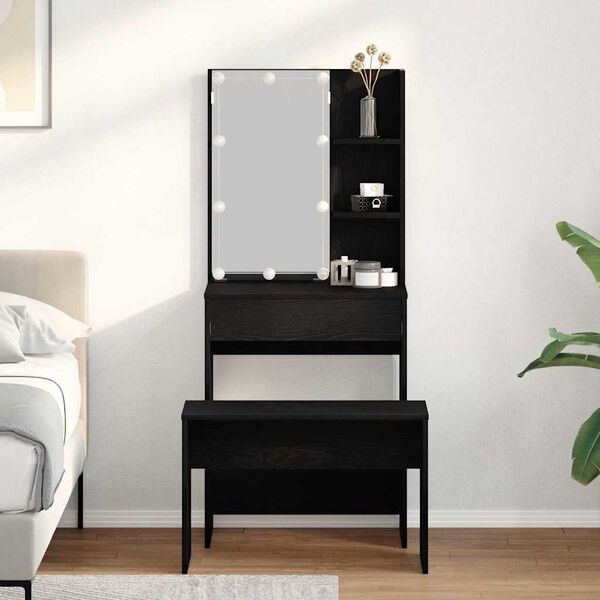 vidaXL Σετ Τραπέζι Μακιγιάζ LED 2 pcs Μαύρη Οξυά Επεξεργασμένο ξύλο