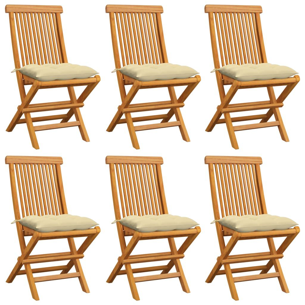 vidaXL Καρέκλες Κήπου 6 τεμ. Μασίφ Ξύλο Teak με Λευκά/Κρεμ Μαξιλάρια