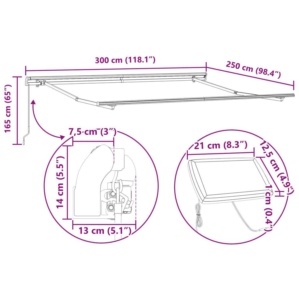 vidaXL Χειροκίνητη Αναδιπλούμενη Τέντα με LED Ανοιχτό Γκρι 300x250 εκ