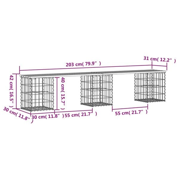vidaXL Παγκάκι Κήπου Συρματοκιβώτιο 203x31x42εκ. από Μασίφ Ξύλο Πεύκου