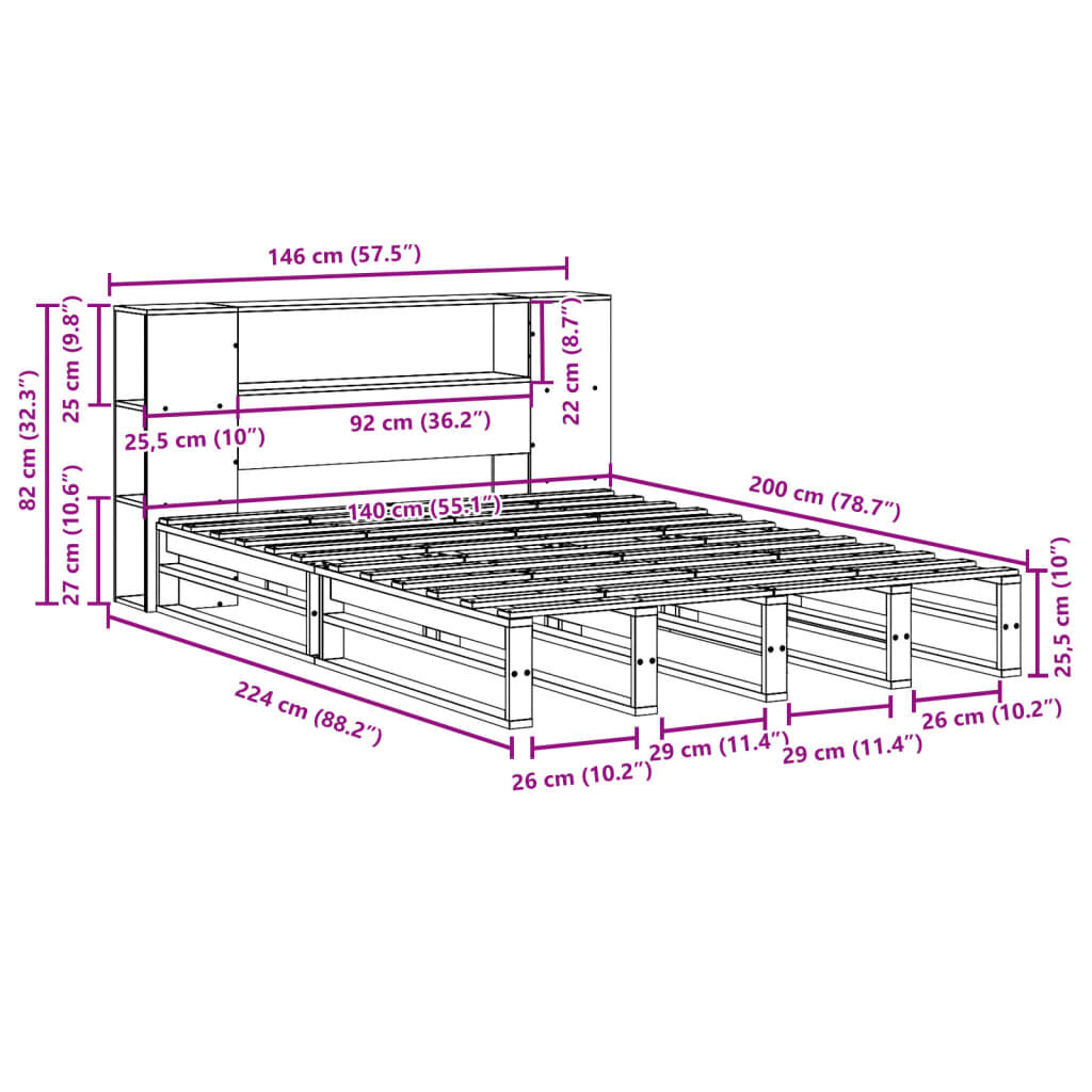 vidaXL Κρεβάτι Βιβλιοθήκη Χωρίς Στρώμα Καφέ 140x200 εκ Μασίφ Πεύκο