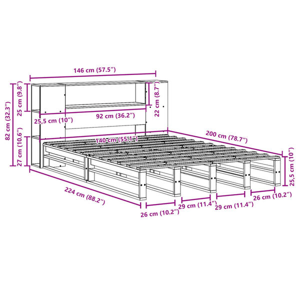 vidaXL Κρεβάτι Βιβλιοθήκη Χωρίς Στρώμα Καφέ 140x200 εκ Μασίφ Πεύκο
