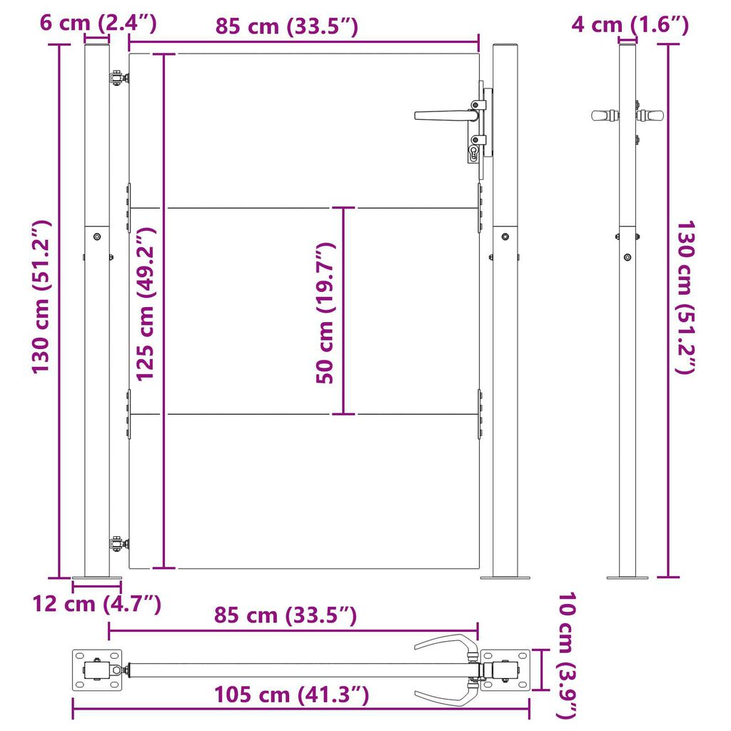 vidaXL Πύλη Κήπου Μαύρο 105 x 125 cm Ατσάλι με Επικάλυψη Πούδρας