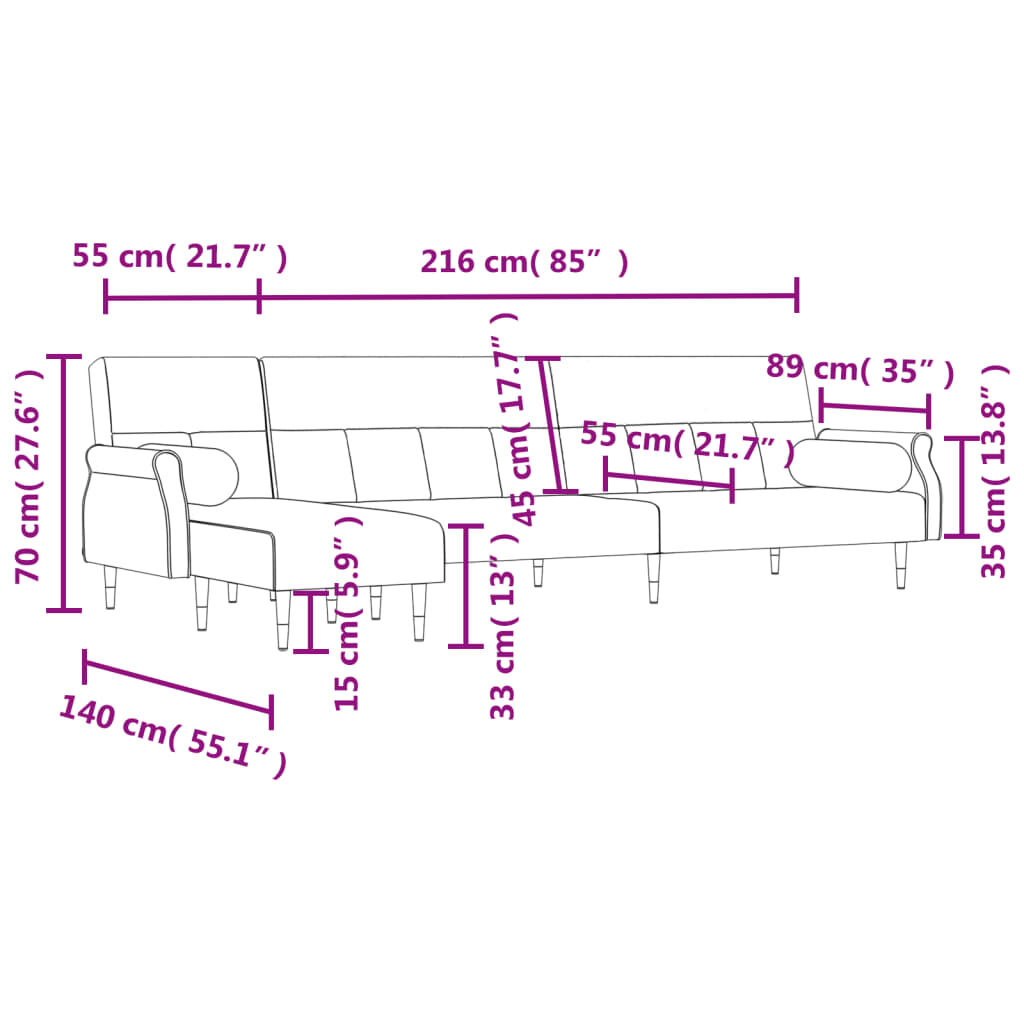vidaXL Καναπές Κρεβάτι Γωνιακός Μαύρος 271 x 140 x 70 εκ. Βελούδινος