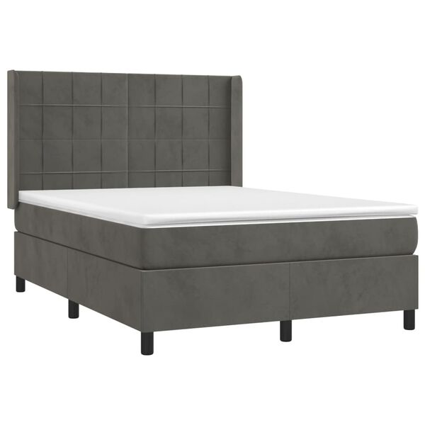 vidaXL Κρεβάτι Boxspring με Στρώμα & LED Σκ. Γκρι 140x190εκ. Βελούδινο